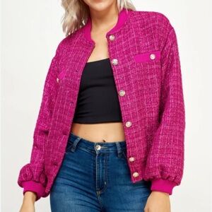 Strut & Bolt Metallic Tweed Bomber Jacket Magenta